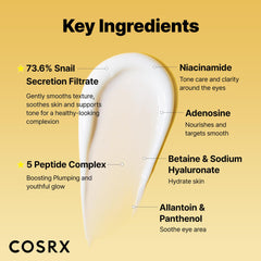 COSRX mucine escargot 73% et niacinamide, hydratation et éclat autour des yeux.