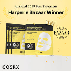 COSRX masque hydrogel mucine d'escargot posé sur le visage, éclat lumineux