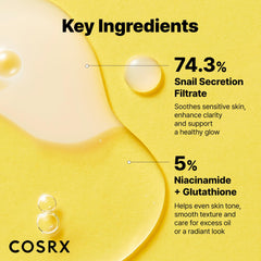 COSRX Snail Mucin 74% + Niacinamide, ingrédients clés mis en avant pour l’éclat