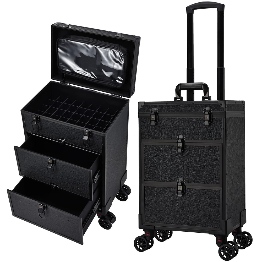 Costravio mallette maquillage roulante noir avec cadre en aluminium, idéale pour déplacements professionnels.