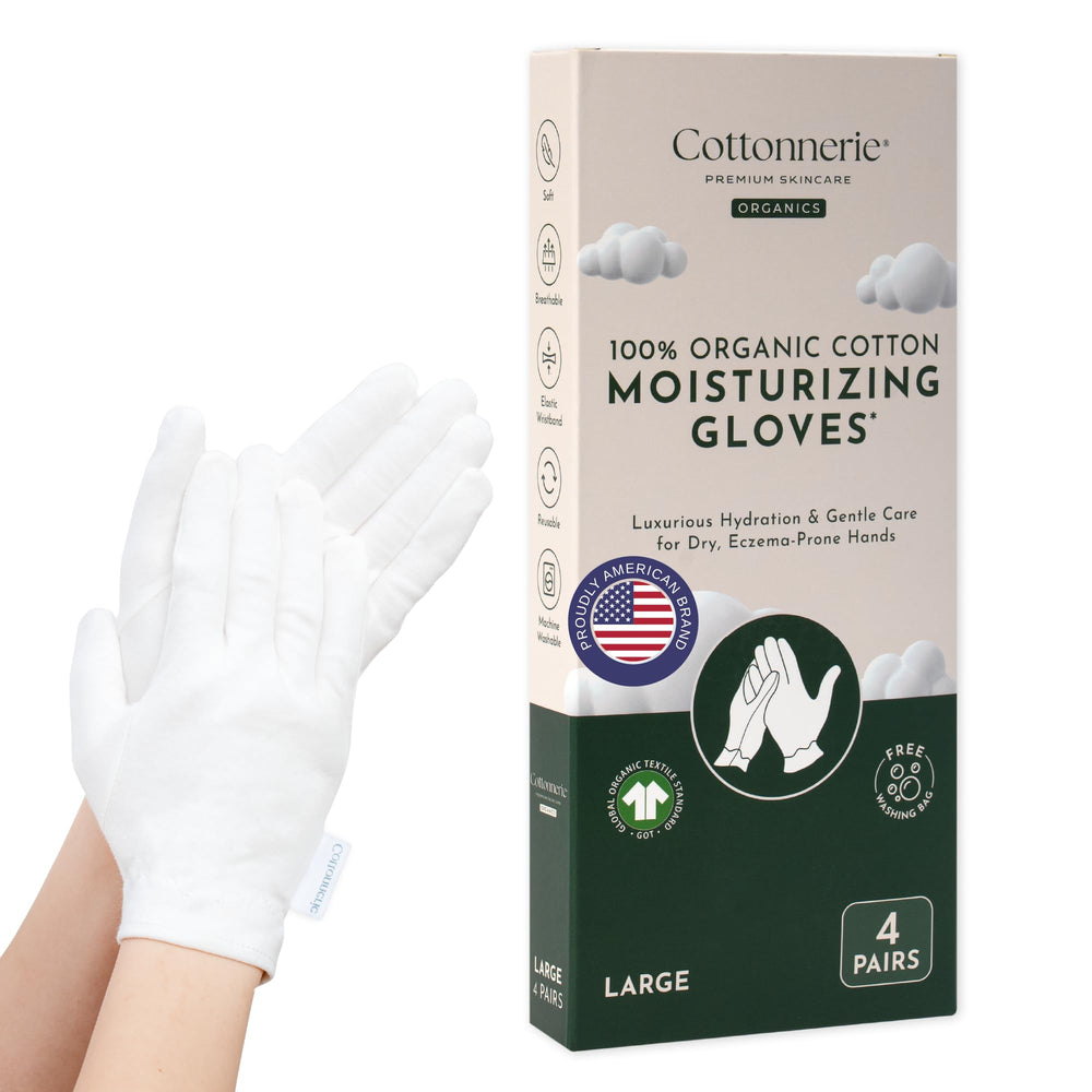 Gants Cottonnerie en coton bio prêts à dormir pour hydratation nocturne.