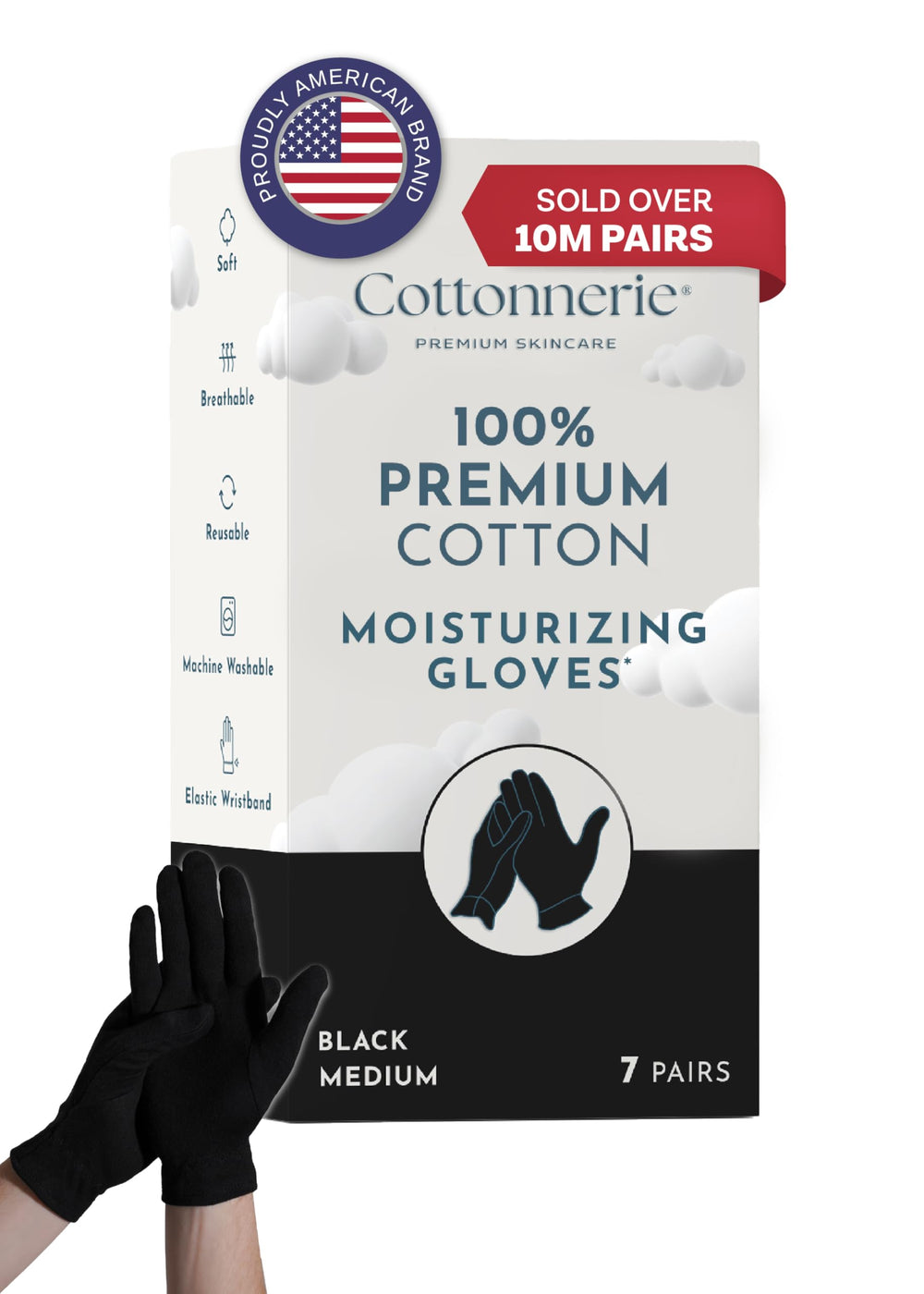Gants Cottonnerie en coton portés la nuit sur mains sèches.