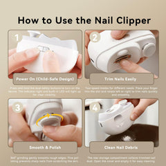Coupe-ongles électrique 2 en 1 avec bac de rétention, débris facilement récupérés.