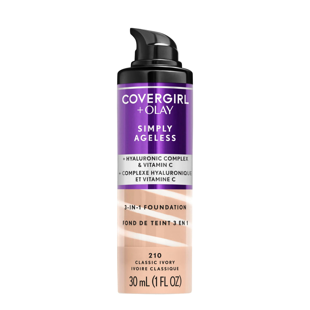 COVERGIRL OLAY Simply Ageless flacon pompe, application précise pour un teint homogène.