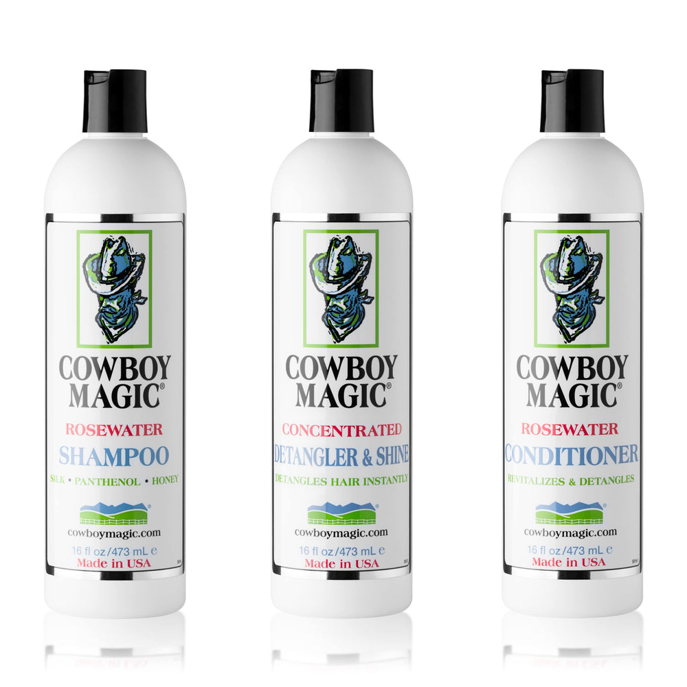 Shampoing Cowboy Magic : bouteille brillance et pelage lisse.