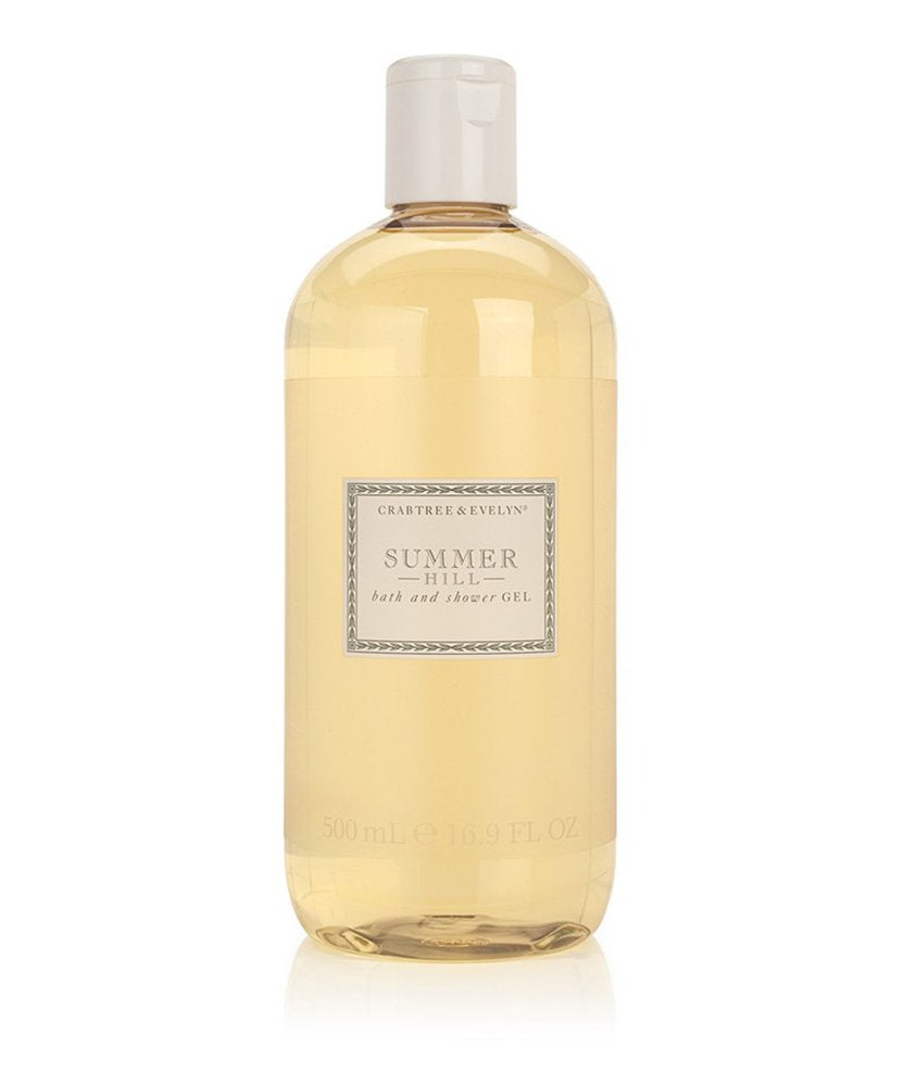 Crabtree & Evelyn Summer Hill bath gel bottle close-up showing moisturizing formula.
