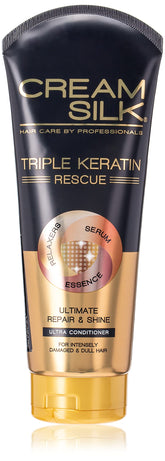 Cream Silk Triple Keratin Rescue - bouteille : démêlage facilité et brillance possible.