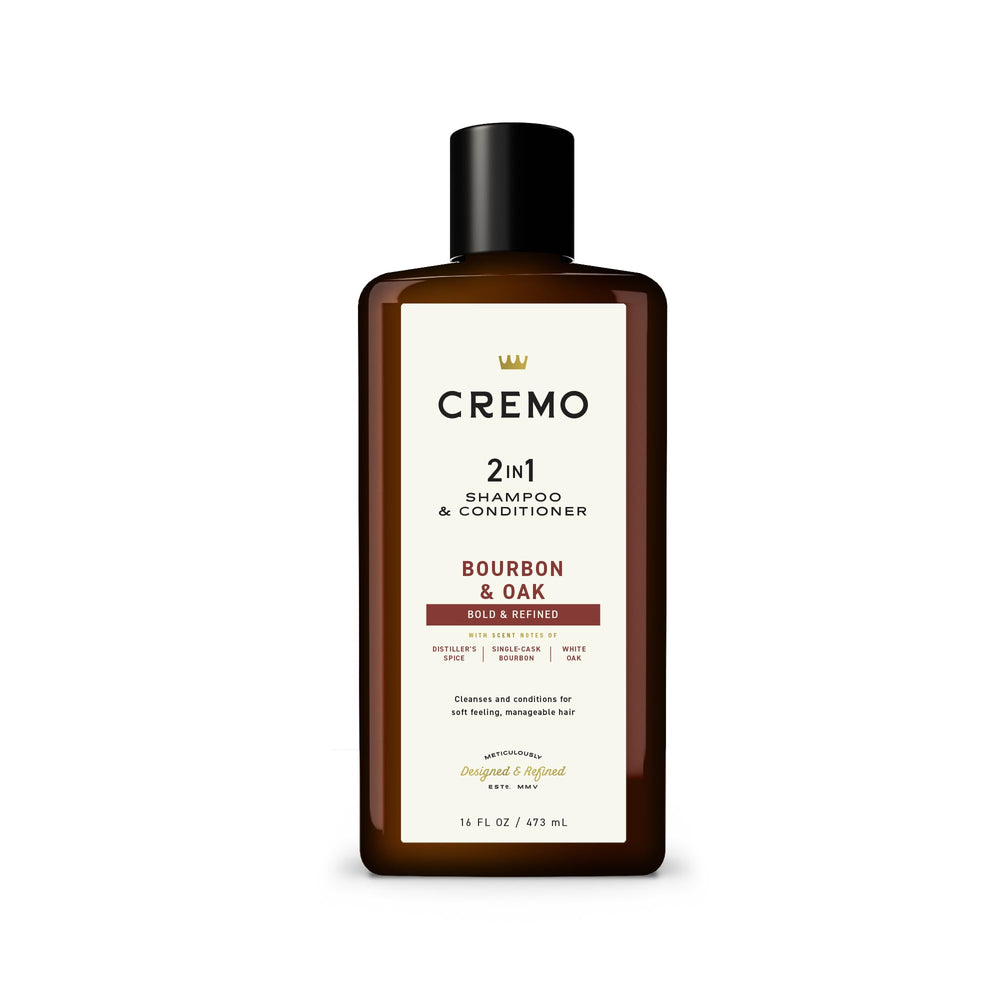 Bouteille Cremo Bourbon & Oak au design élégant, prête pour une routine capillaire premium.