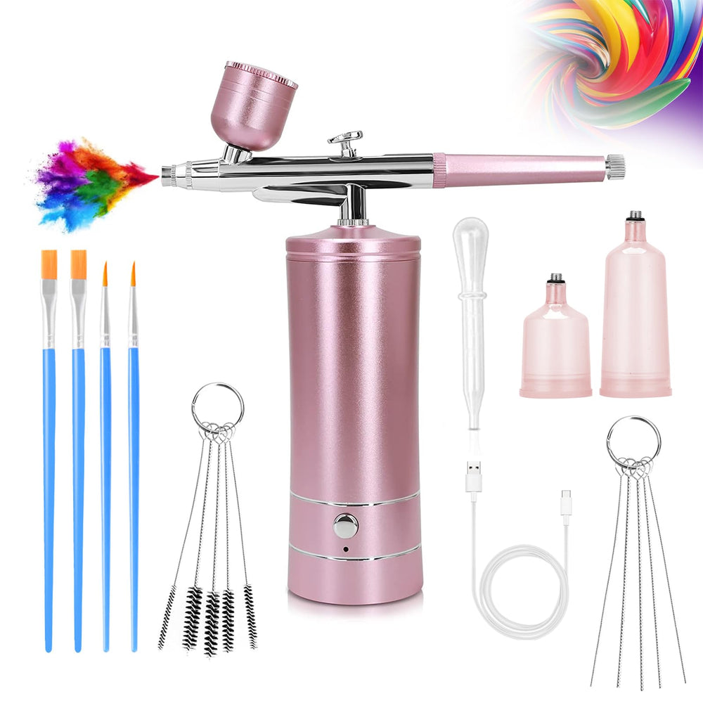 Crpen Airbrush Kit avec compresseur rose, polyvalent pour maquillage et nail art.