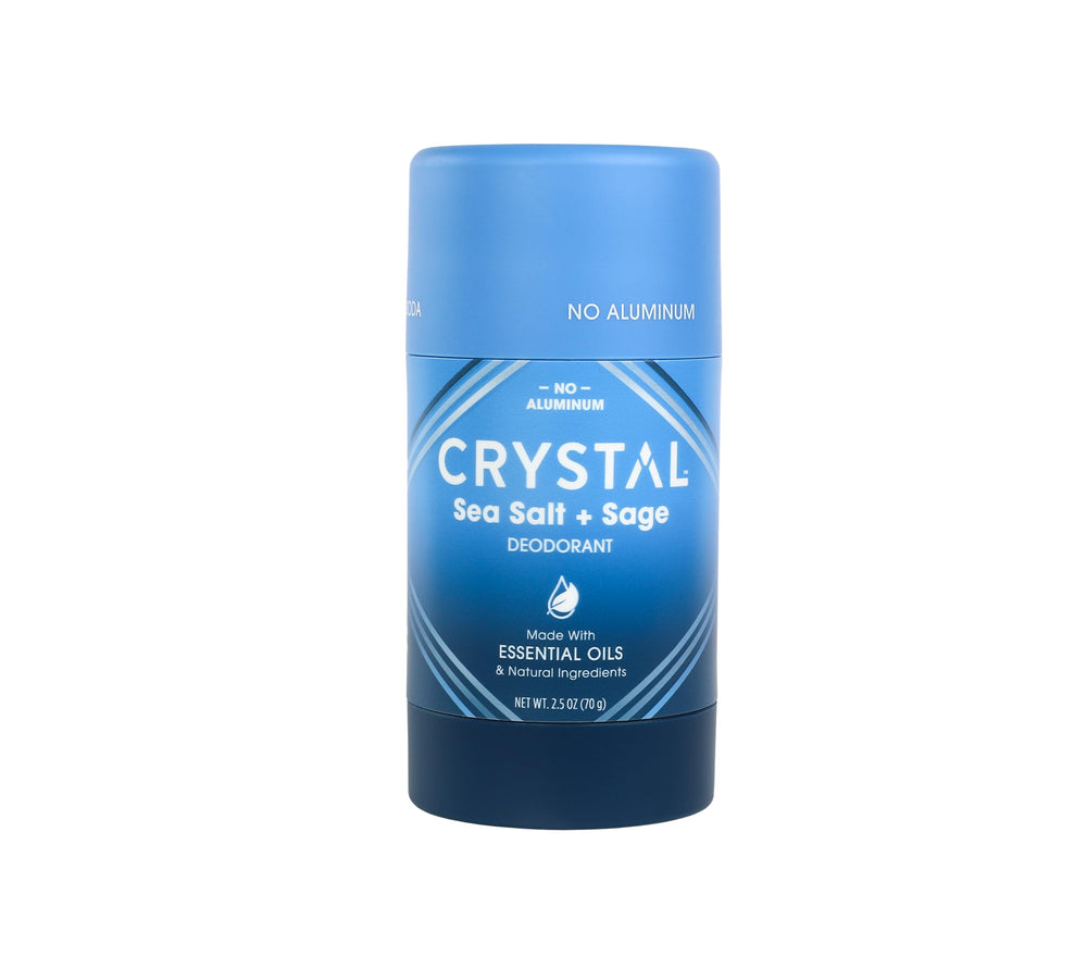 Crystal Essence magnesium solid stick with Sea Salt + Sage for fresh odor control.
