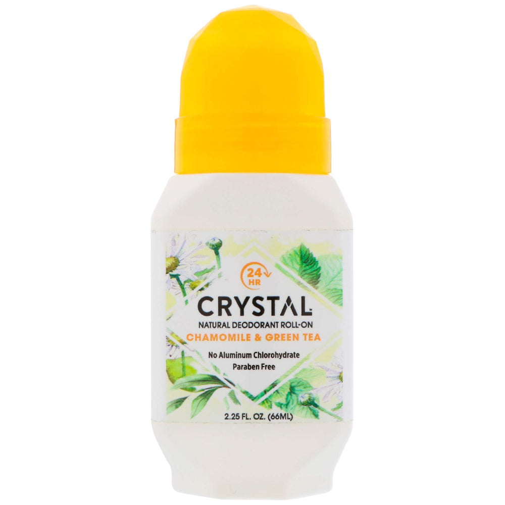 Crystal Essence déodorant minéral roll-on camomille et thé vert, douceur naturelle et fraîcheur durable