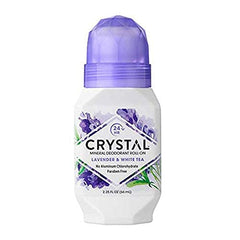 Crystal Essence déodorant roll-on lavande-thé blanc, application fluide pour une protection discrète.