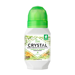 Crystal Essence déodorant minéral vanille jasmin en flacon, offre une protection discrète des odeurs.