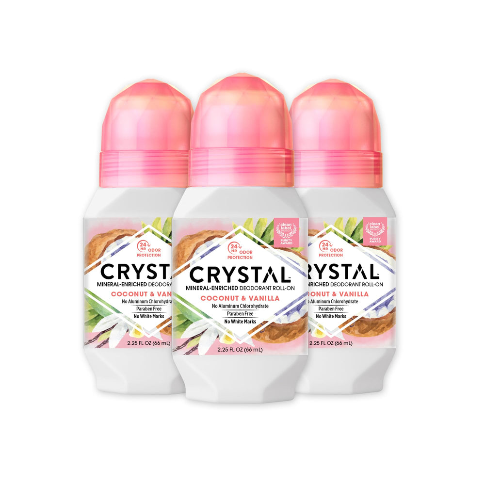 Crystal Essence Roll-On Coco Vanille 3-pack, bouteille élégante et compacte pour le voyage.