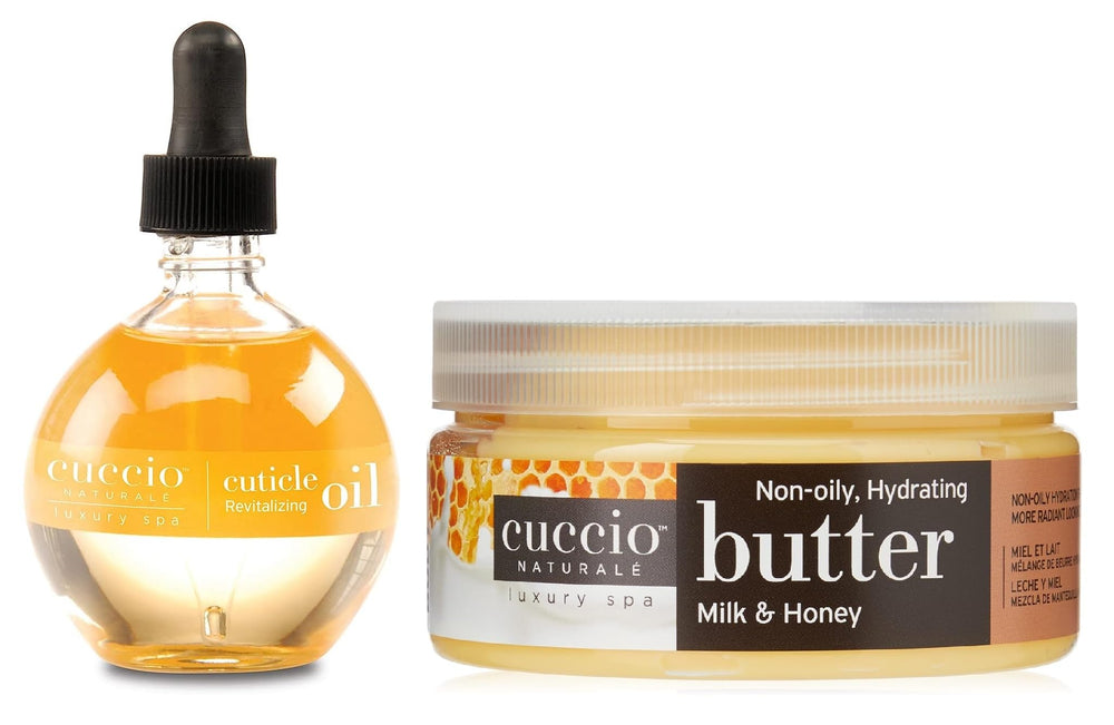 Cuccio Full Hand Treatment: cuticle oil and butter blends moisturize nails and skin for lasting softness.
