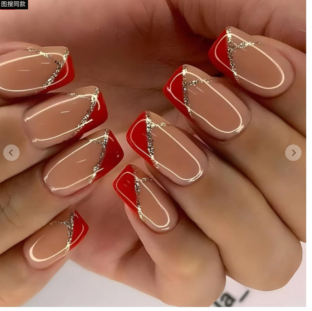 Curvlife ongles en gel à pointe française rouge mosaïque: finition salon durable et confort quotidien.
