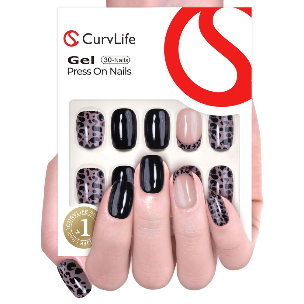 CurvLife ongles à poser design léopard apricot brillant et durable.