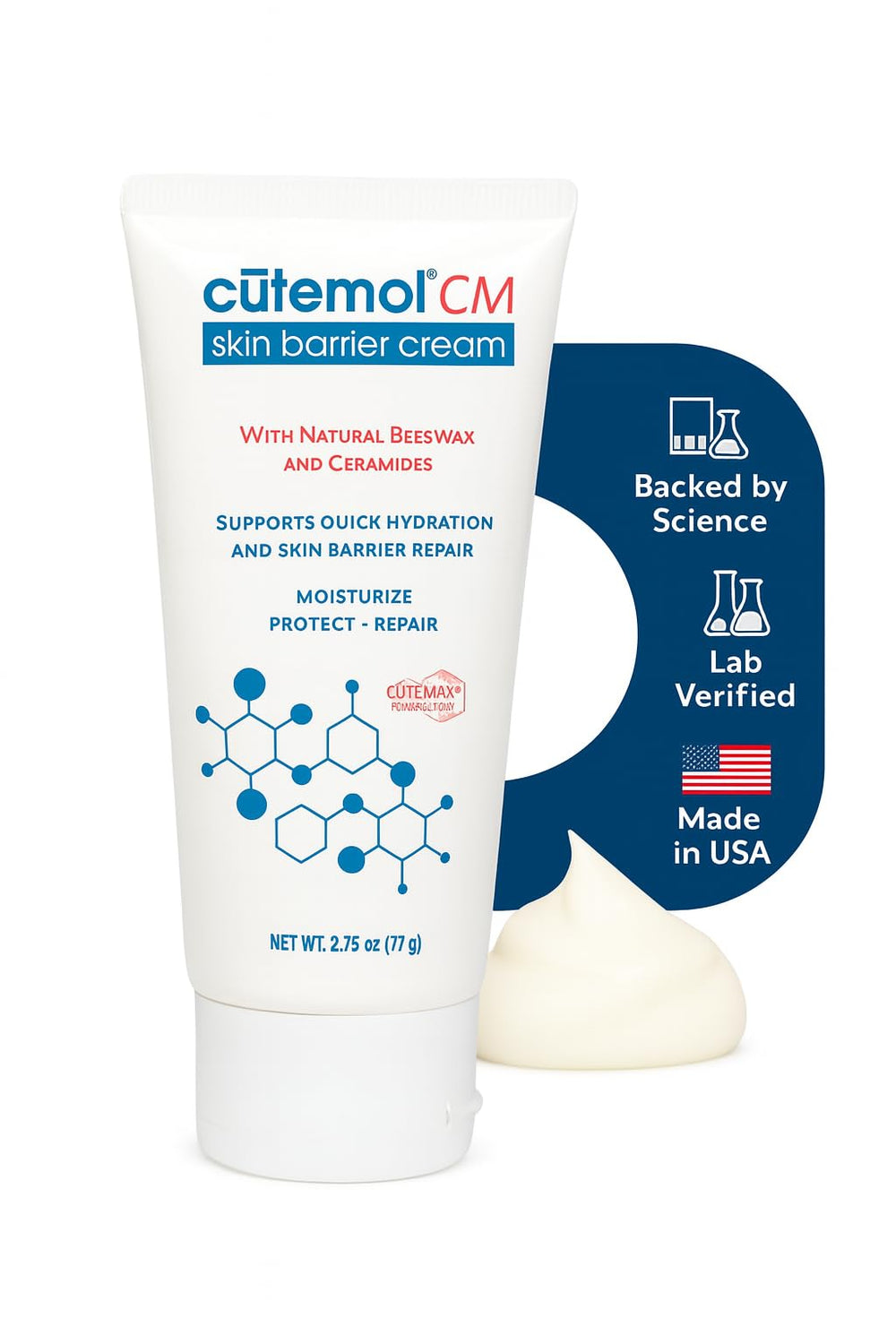 Cutemol CM emollient cream jar showcasing ceramides for skin barrier support.