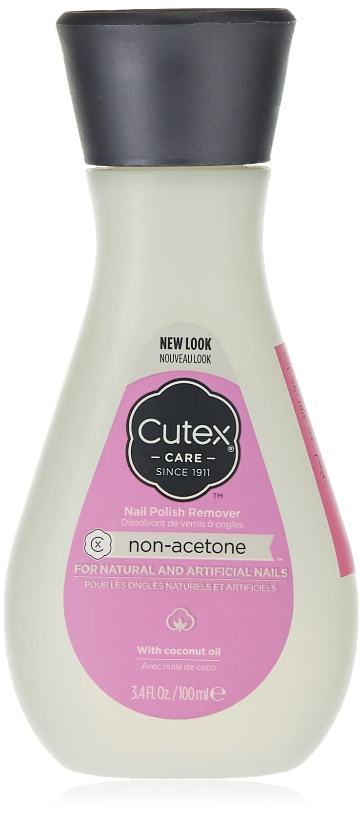 Démaquillant Cutex sans acétone, bouteille, enlève le vernis sans dessécher les ongles.