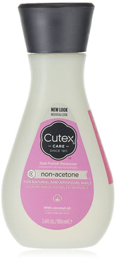 Démaquillant Cutex sans acétone, bouteille, enlève le vernis sans dessécher les ongles.