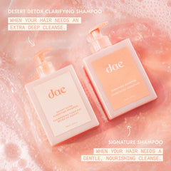 Application du Shampoing Desert Detox sur cheveux mouillés.