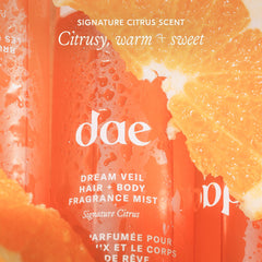 DAE Hair Dream Veil sur cheveux, parfum citrus léger et durable.