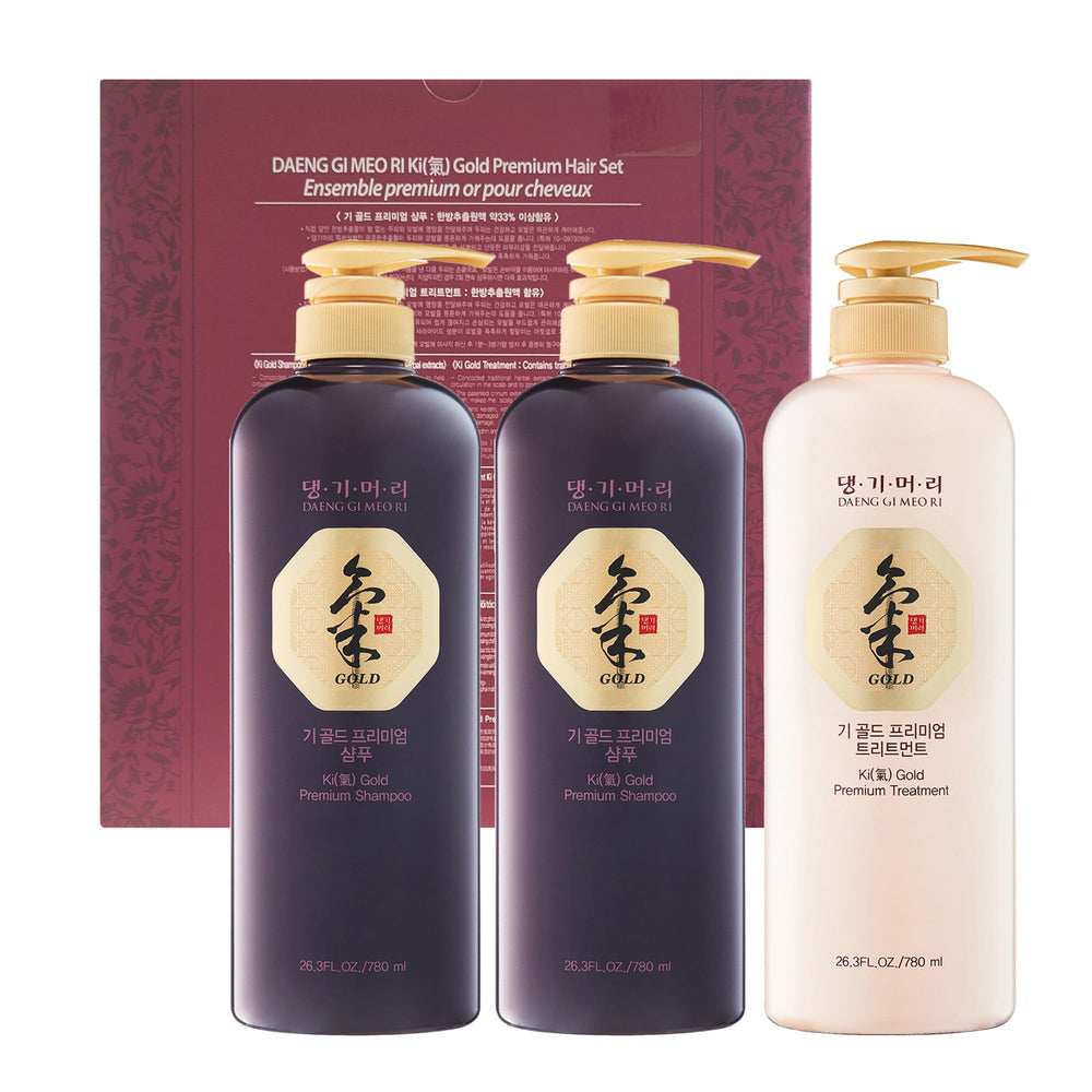 Daeng Gi Meo Ri Ki Gold Premium - Shampooing: bouteille lumineuse, nourrit cheveux et cuir chevelu en profondeur.
