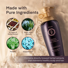 Daeng Gi Meo Ri Ki Gold Premium Shampooing - Extraits d herbes médicinales visibles.
