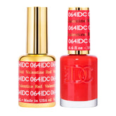 Ensemble Daisy DND vernis gel rouge 064 Valentine Red, couleur riche et couverture homogène.