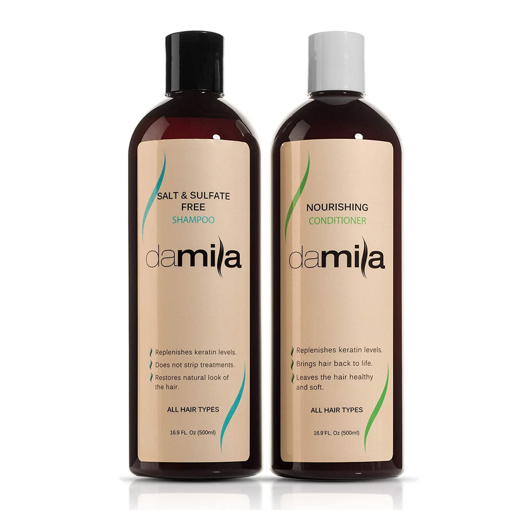 Damila Shampoing sans sel et sans sulfates, bouteille élégante pour routine capillaire.