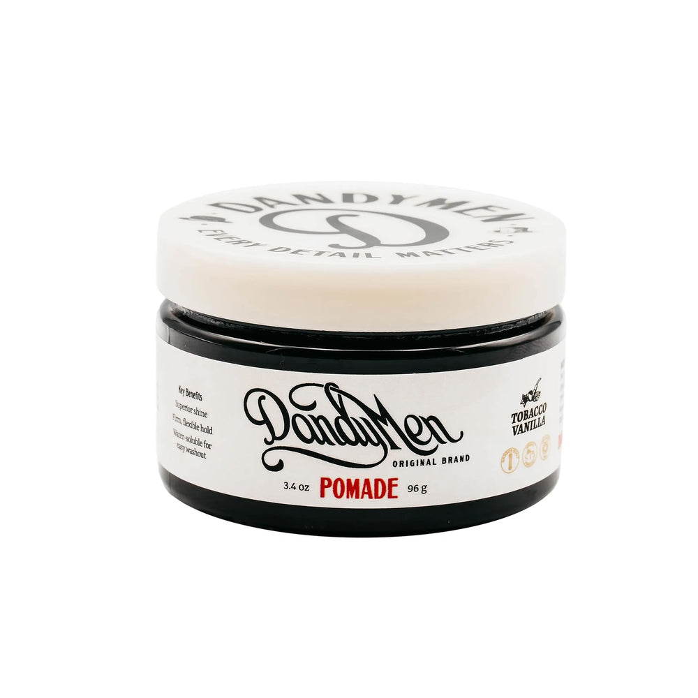 DandyMen Pomade – bouteille 4oz : tenue solide et brillance élevée.