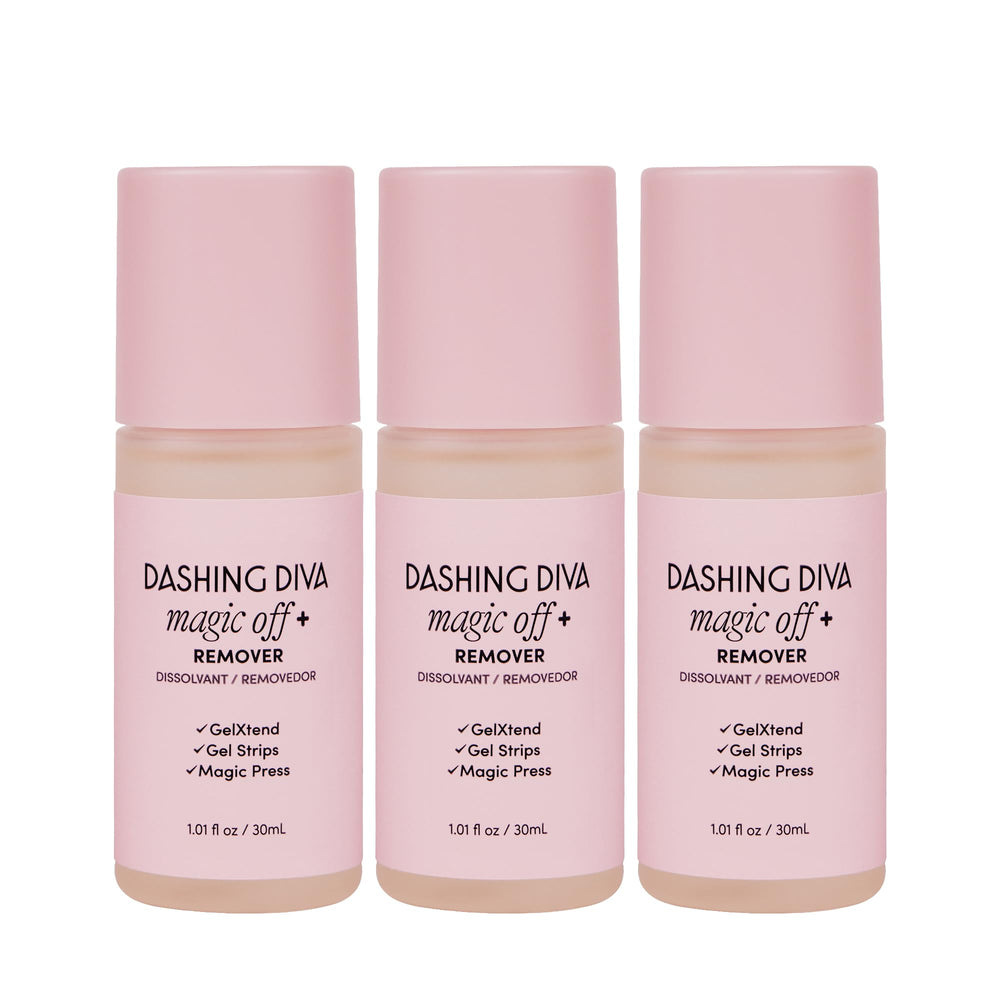 Dashing Diva Magic Off+ remover bottle showing hydrating formula for gentle removal