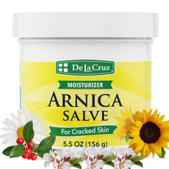 Bouteille De La Cruz Arnica Salve montrant l'emballage, hydratation durable pour pieds et mains.