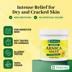 Texture riche visible sur peau, De La Cruz Arnica Salve apaise les zones sèches.