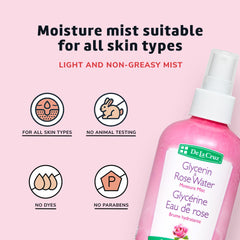 Tonique visage De La Cruz à l’eau de rose pour hydratation légère et fraîcheur.