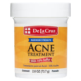 Pommade De La Cruz 10% soufre, bouteille gros plan, peau plus nette et moins huileuse.
