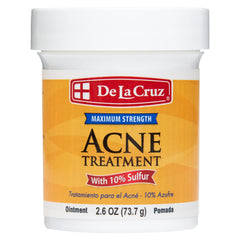 Pommade De La Cruz 10% soufre, bouteille gros plan, peau plus nette et moins huileuse.