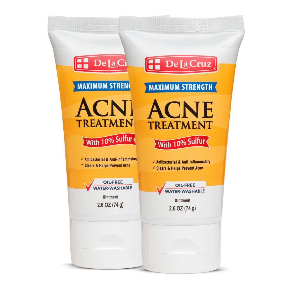De La Cruz sulfur ointment bottle close-up showing 10% sulfur for cystic acne support.