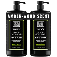 Dead Sea Collection Amber Wood, bouteille-pompe visible, parfait pour routine corps et cheveux.