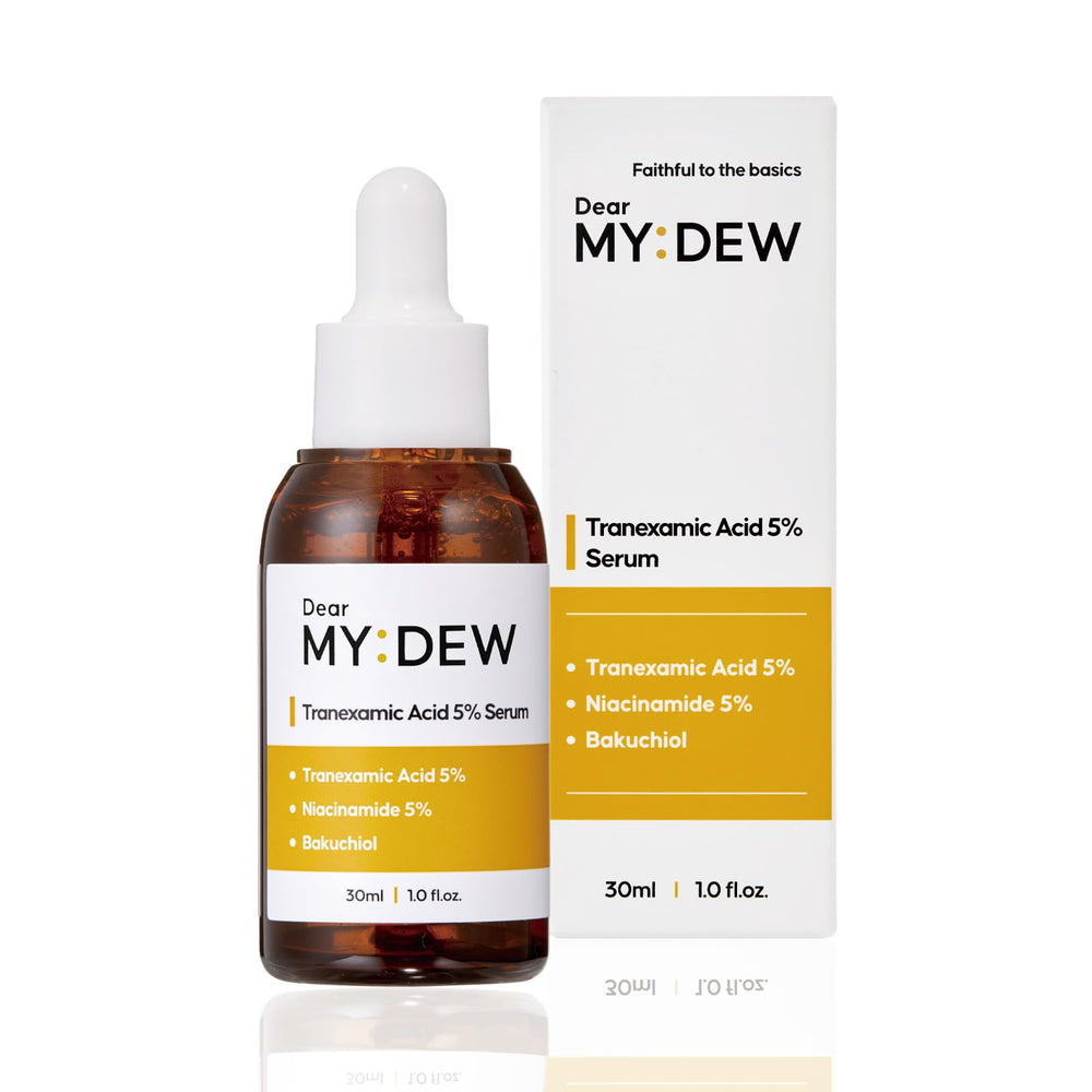 DearMYDEW sérum tranexamique 5%, flacon élégant, cible les taches et uniformise le teint.