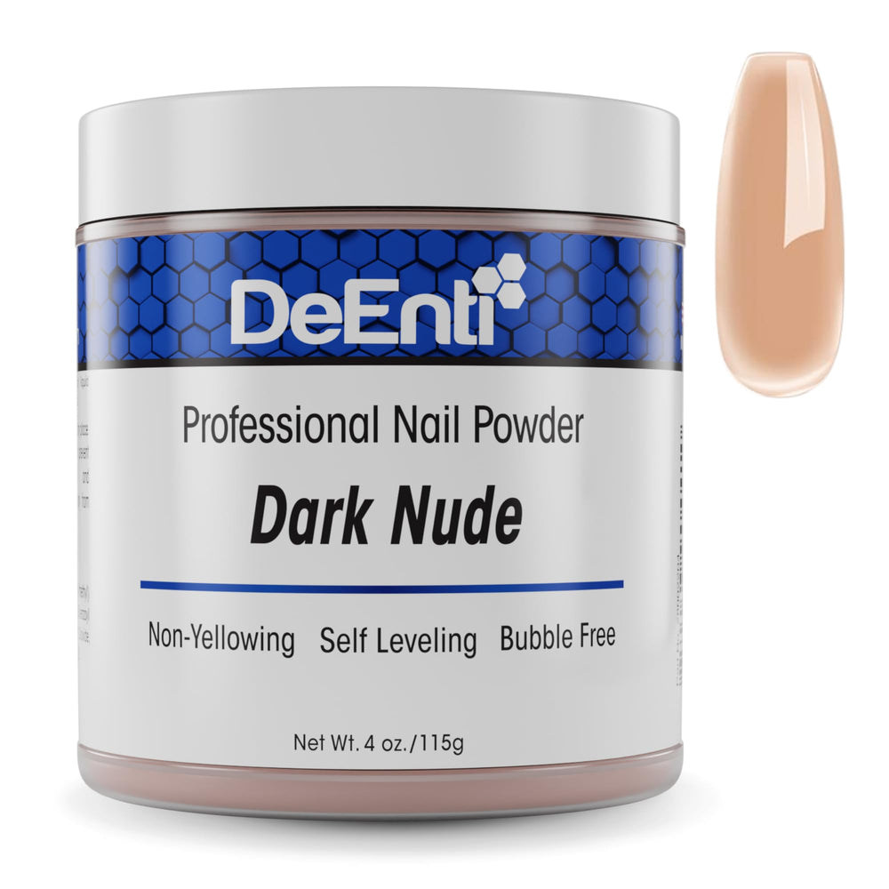 DeEnti Poudre Acrylique, teinte peau foncée, fini clair et durable pour superpositions.