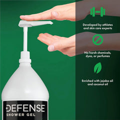 Defense Soap Gel Douche Menthe, huile de coco intégrée, peau réconfortée après la douche.