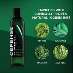 Defense Soap gel douche menthe-poivrée et arbre à thé, mousse riche nettoyant en profondeur.