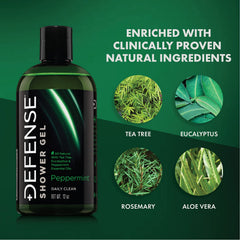 Defense Soap Peppermint Tea Tree Body Wash with tea tree oil highlighting skin-friendly care.