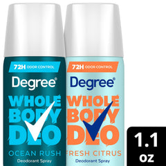 Degree déodorant spray format voyage 33 ml, pratique et sans résidu sur les vêtements.