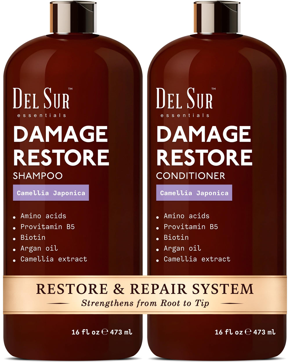 Shampooing réparateur DEL SUR en bouteille, douceur durable.