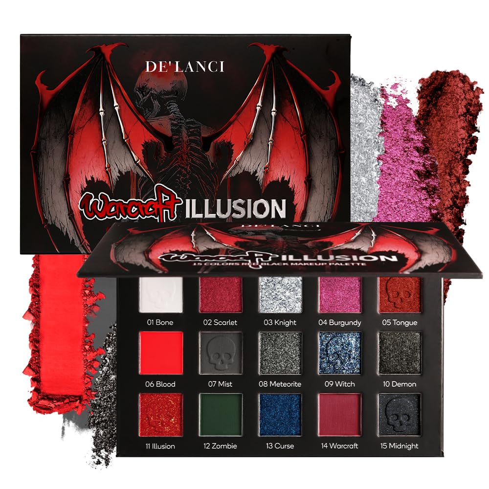 DE'LANCI palette yeux gothique noir et rouge, regard intense durable et fumé.