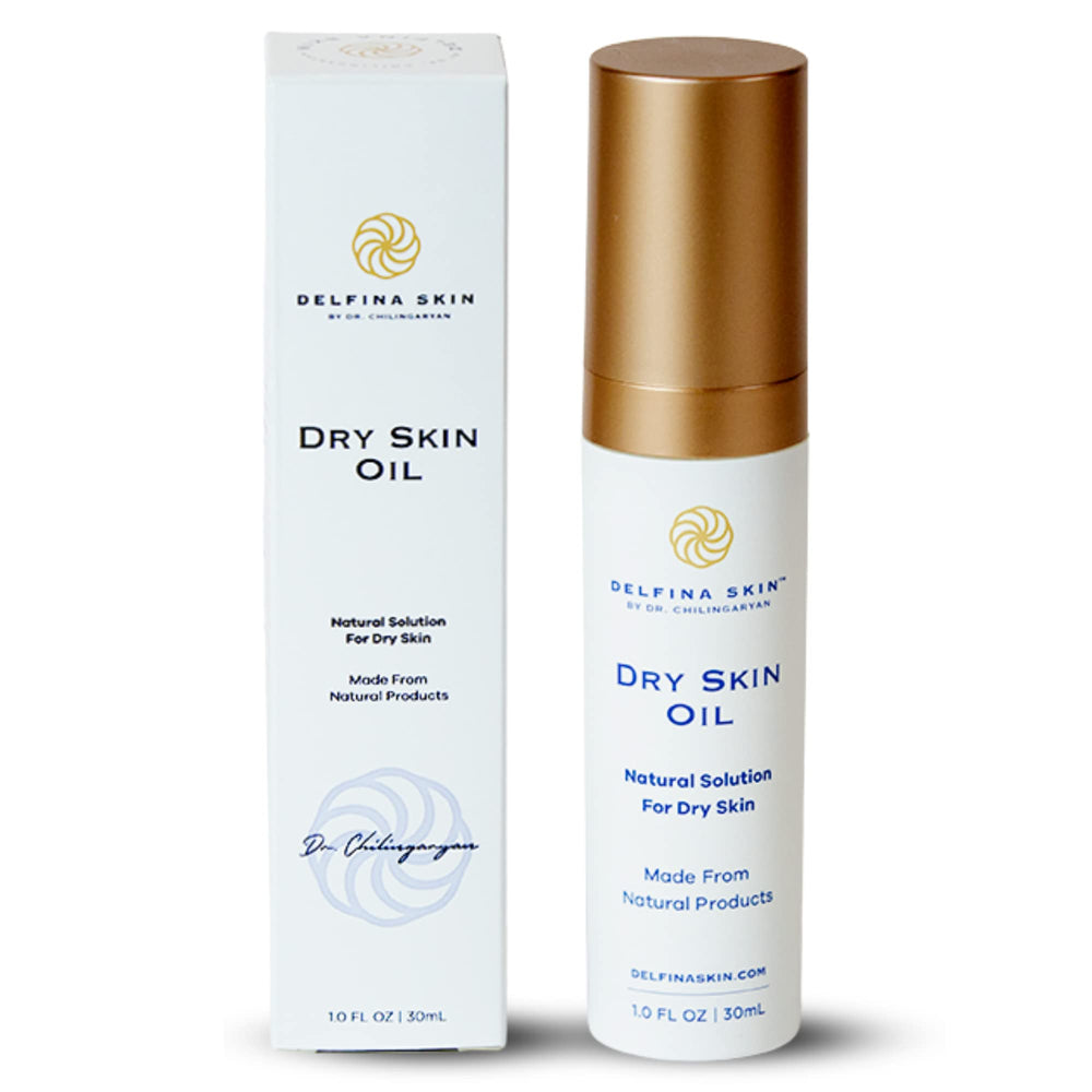 Delfina Skin – bouteille d'huile peau sèche, hydratation durable et légère.