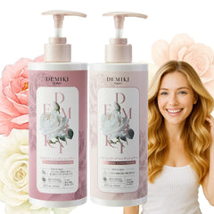 DEMIKI Shampoing Rose en flacon: clarifie les cheveux gras et apporte légèreté.
