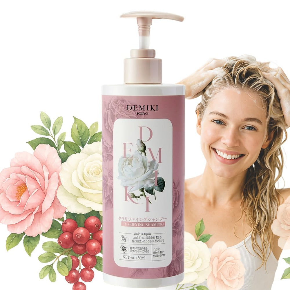 DEMIKI Shampooing rose en bouteille, parfum floral durable pour un rituel capillaire.